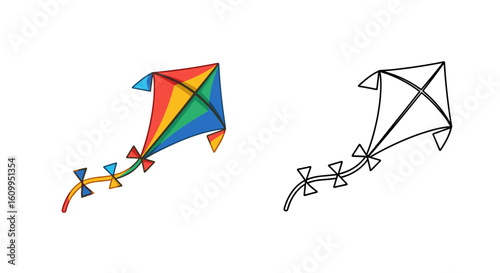 Illustration of a colorful kite with a bow tail and a black and white line drawing