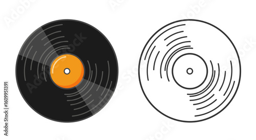 Illustration showing two vinyl records one in color and one in black and white outline
