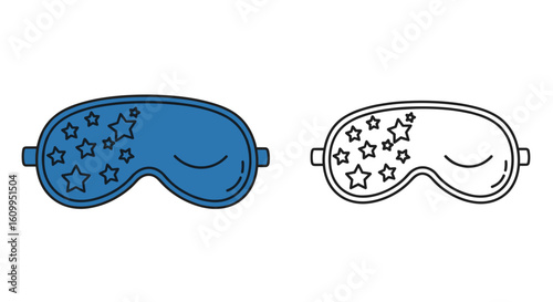 Two sleep masks one blue with stars and one outlined with stars on a white background