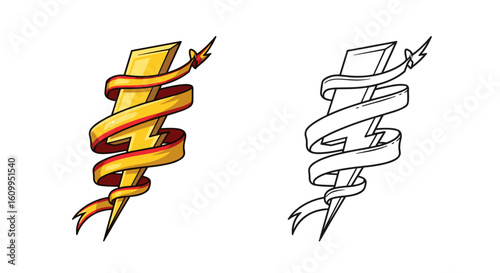 Illustration of a golden lightning bolt with a red and yellow ribbon wrapped around it