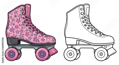 Illustration of a pair of roller skates one colored pink with stars and one outlined