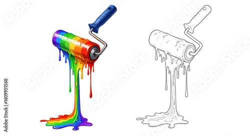 Illustration showing a paint roller with rainbow colored paint dripping down and a sketch