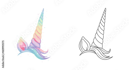 Illustration of a unicorn horn and ears, one in color and one in black and white outline