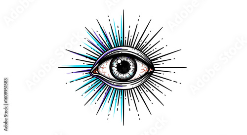 Detailed drawing of an eye with radiating lines and blue watercolor accents around it