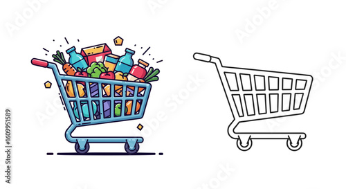 Illustration of a full shopping cart and an outline of an empty shopping cart design
