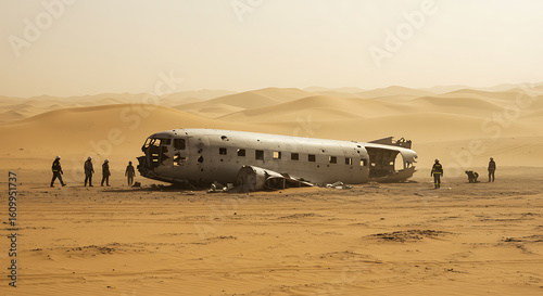 Fototapeta Naklejka Na Ścianę i Meble -  A desolate scene of a forgotten transport plane wreckage half-buried in desert sand dunes with figures exploring the crash site.