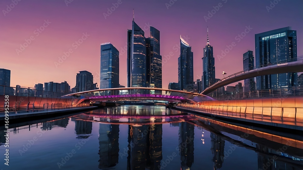 Fototapeta premium Dubai Skyline Modern Architecture at Dusk, Cityscape Reflections