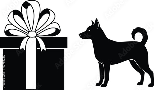 Vector Silhouette of Dog Standing Beside Gift Box with Ribbon — Holiday Pet Scene, Celebration Concept, and Surreal Design Element