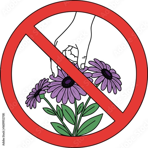 No flower picking sign, prohibition symbol, purple flowers, green leaves, hand gesture, warning icon, environment, vector illustration, flat design, cad drawing, black and red