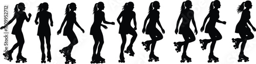 Vector Silhouette Set of Roller Skating Woman in Motion — CAD Style Female Skater Poses, Athletic Balance, Sport Action Pack