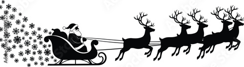 Cad drawing flat vector illustration, Santa Claus sleigh silhouette, reindeer flying graphic, Christmas night festive icon in black and white