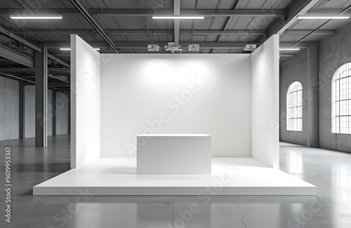 Wallpaper Mural Empty white trade show booth mockup within industrial warehouse. Minimalist design features presentation counter, blank panels, perfect for event branding, marketing, corporate displays. Clean space Torontodigital.ca