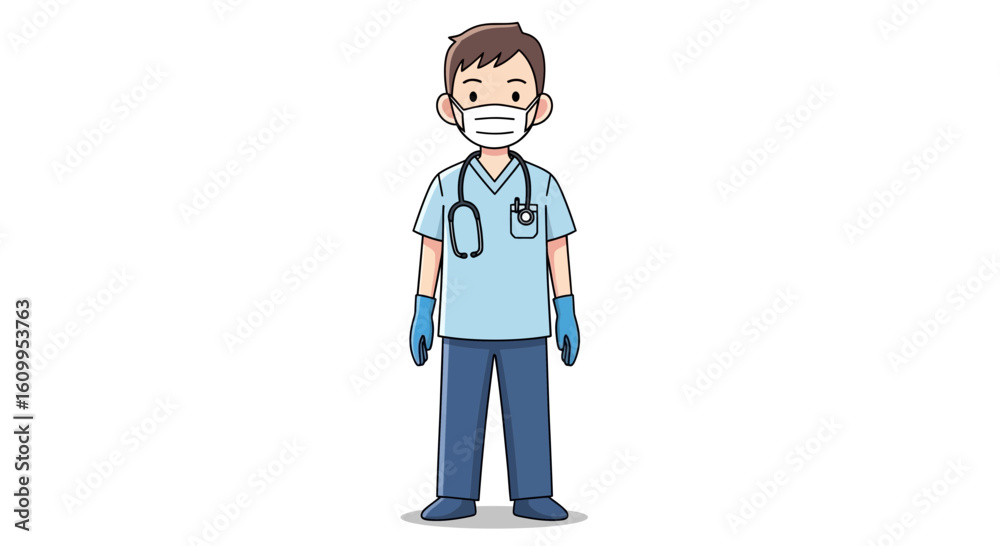 Cartoon illustration of a male healthcare worker wearing a surgical mask, blue scrubs, gloves, and a stethoscope, standing against a white background. Cartoon illustration of a male healthcare worker wearing a surgical mask, blue scrubs, gloves, and a stethoscope, standing against a white background.