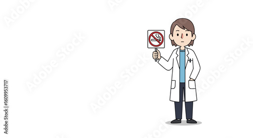 Cartoon doctor holding a no smoking sign, wearing a white coat and dark pants, against a white background.