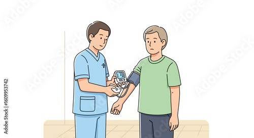 A nurse in scrubs checks a patient's blood pressure with a digital monitor in a clinical setting.
