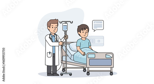 Doctor attending to a patient receiving intravenous fluids in a hospital bed.