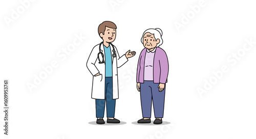 A doctor in a white coat conversing with an elderly woman, offering medical advice.