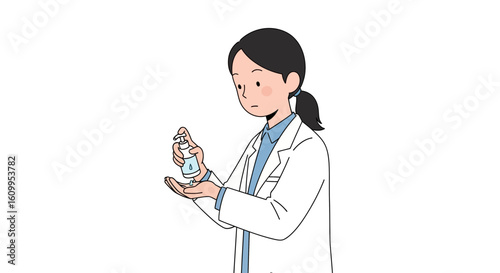 A female doctor carefully sanitizes her hands using hand sanitizer.