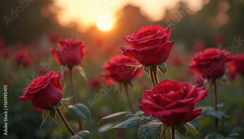 Red roses bloom in garden at dusk, symbolizing love and elegance. Soft sunlight filters through greenery, creating a romantic atmosphere. Close-up on vibrant flower petals with bokeh effect.