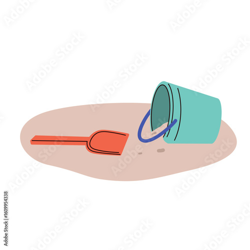 Cartoon beach scene with a toy bucket and shovel on sand vector illustration. Clip art for summer designs, vacation promotions and children education content