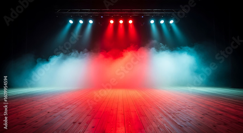 Empty stage illuminated by red and blue spotlights with atmospheric smoke