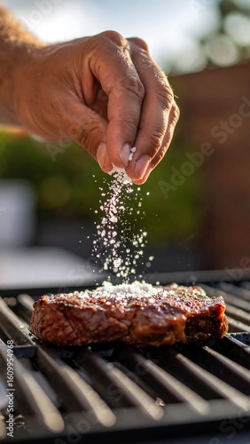 Hand sprinkling salt on a grilling steak