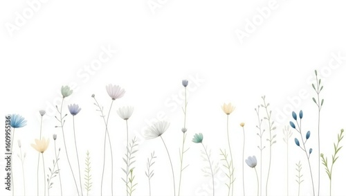 Delicate watercolor wildflowers in soft pastel hues against a clean white background
