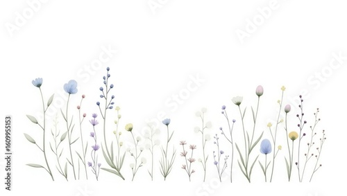 Delicate watercolor illustration of a meadow filled with soft wildflowers in pastel blues yellows and whites against a clean background
