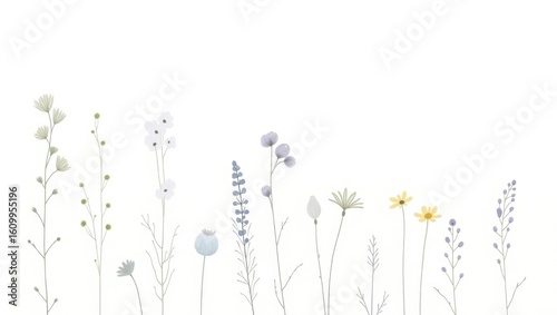 Delicate wildflowers and grasses in a minimalist composition with a single bright yellow flower adding a pop of color