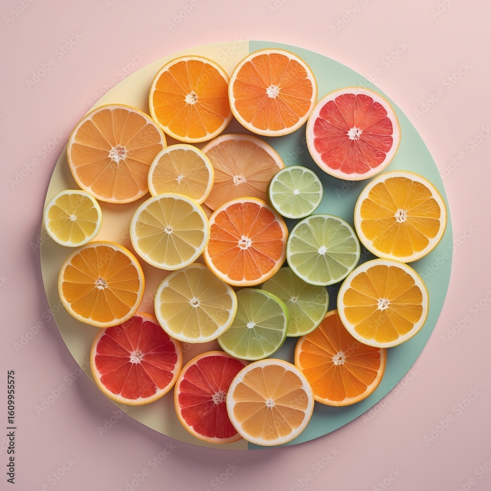 Obraz premium Vibrant Citrus Slices on Soft Pastel Plate 