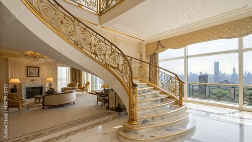 A luxurious interior with a grand staircase, marble floors, and a stunning city skyline view