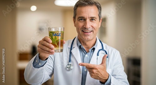 Smiling Doctor Presenting a Glass of Sage Tea - Herbal Medicine and Wellness Concept.