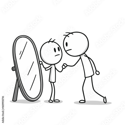 Reflective stick figure characters engaging in a handshake, conveying self-acceptance, against a minimalist white background, concept of personal development or coaching