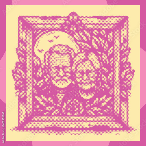 Pink Framed Old Couple Digital Art: Canvas Template & Halftone Vector Decor