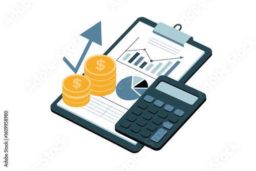Dynamic financial analysis with charts, calculator, and rising coins symbolizing growth and profitable investment strategies in a modern business context