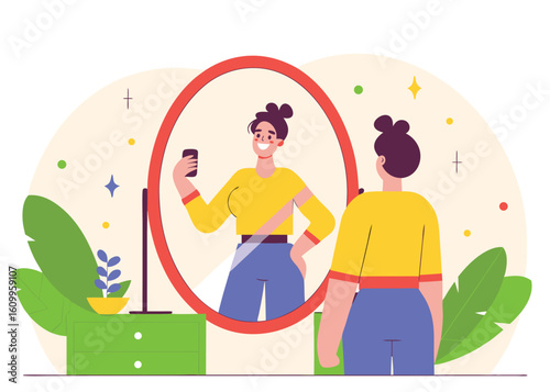 A young woman joyfully takes a selfie in a mirror reflecting her positive self image and confidence in her personal style