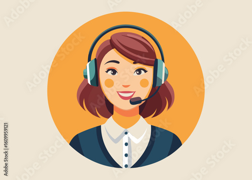 Friendly female customer service representative wearing a headset with microphone smiling warmly in a professional setting