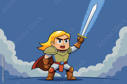Cartoon knight with glowing sword raising weapon in victory against a cloudy blue sky background