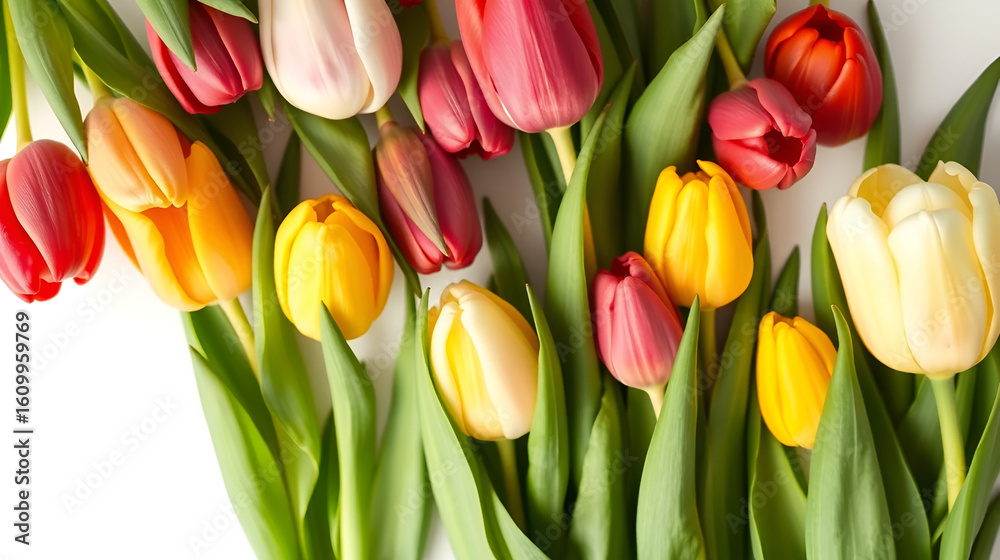 Obraz premium Isolated tulip boutique with variable colors on white background in Spring. Spring seasonal concept.