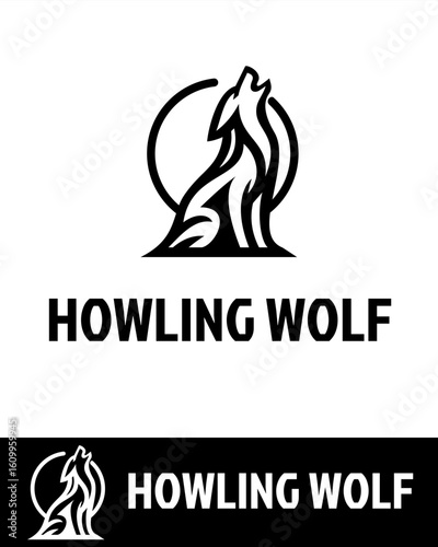 Bold howling wolf logo in minimalist black design with a circular background element in flat and minimalist style 