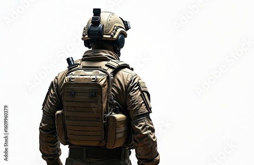 Wallpaper Mural Back view of soldier in tactical uniform with helmet and backpack. Military gear equipped for combat operation. Represents warrior, defense force, special ops. Torontodigital.ca