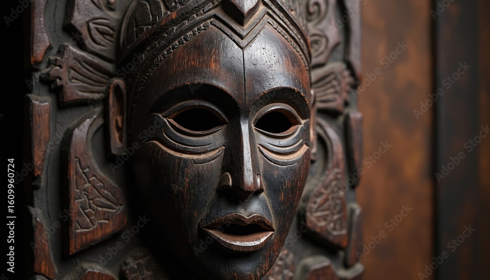 Fototapeta premium Authentic West African wooden tribal mask. Intricately carved face, representing ancient culture, rituals. Hand-made artifact with deep texture, power, tradition. Unique primitive sculpture for