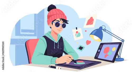 A young artist in a beanie sits at a desk, drawing on a tablet with a stylus under a lamp.