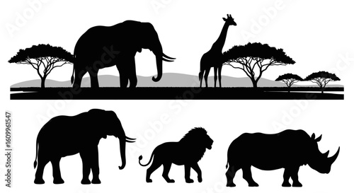 Silhouetted African animals including elephants, a giraffe, a lion, and a rhinoceros, set against a landscape with trees.
