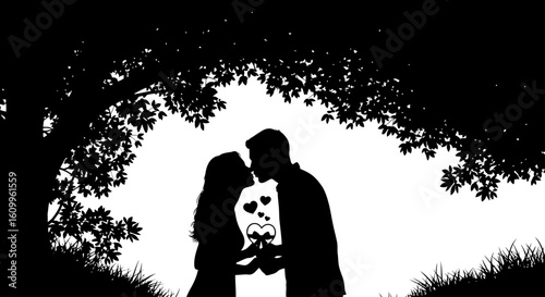 Silhouette of a loving couple kissing beneath a tree canopy, filled with romantic imagery.