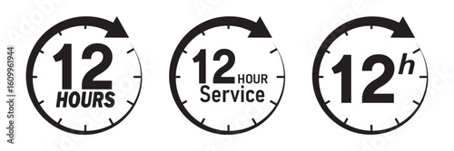 12 hours service icon vector set. 12 hours service duration sign. Vector Set of Hour Labels.  12 hours clock arrow icons, work and delivery time symbols.  12hr support sign collection.