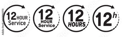 12 hours service icon vector set. 12 hours service duration sign. Vector Set of Hour Labels.  12 hours clock arrow icons, work and delivery time symbols.  12hr support sign collection.