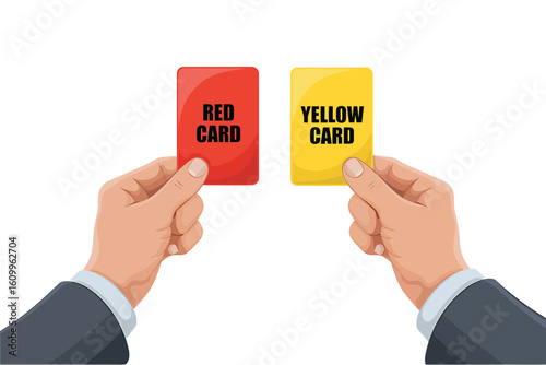 Dynamic hands holding red and yellow warning cards, symbolizing decisions penalties and game management in sports or business contexts, conveying authority and consequence.