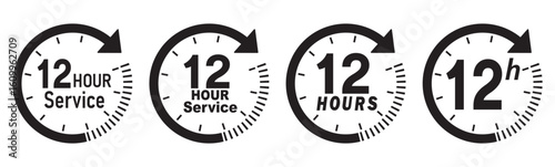 12 hours service icon vector set. 12 hours service duration sign. 12 hours clock arrow icons, work and delivery time symbols.  12hr support sign collection. hours clock arrow on white background.