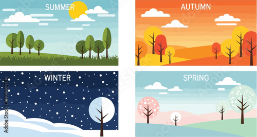Four seasons illustration showing summer autumn winter and spring with trees and weather elements
